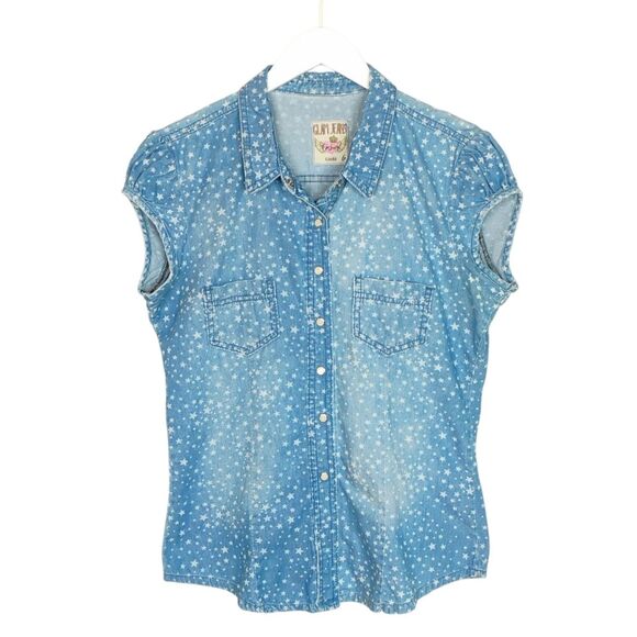 Glam Jeans Blue Star Print Denim Shirt Snap buttons size Large - Picture 1 of 8